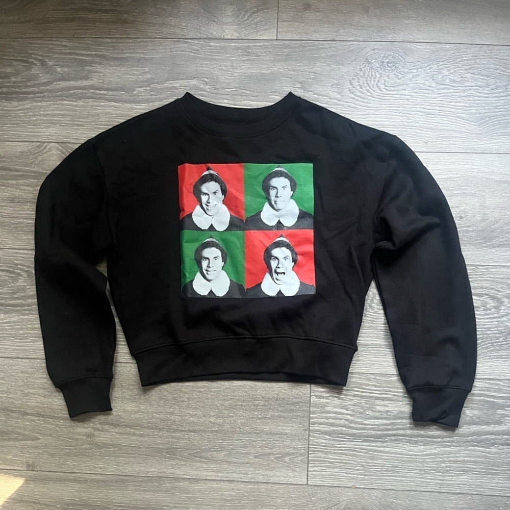 NEW Elf Black Red Green Long Sleeve Cropped Buddy Christmas Holiday Sweatshirt S